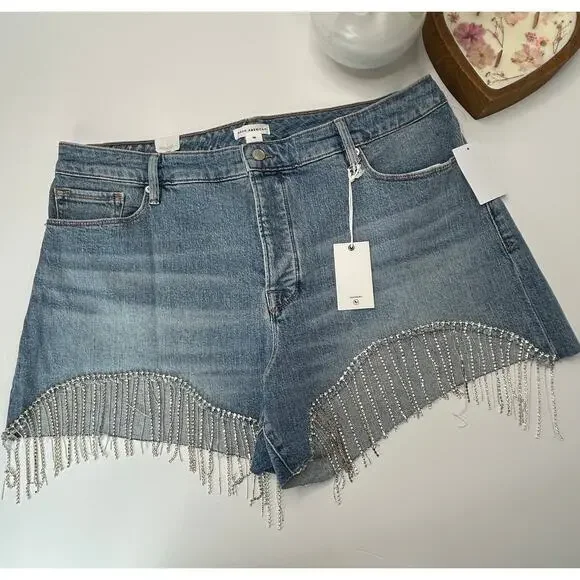 Good American Bombshell Rhinestone Fringe Cutoff Jean Shorts Blue Women 16 NWT - Picture 1 of 12